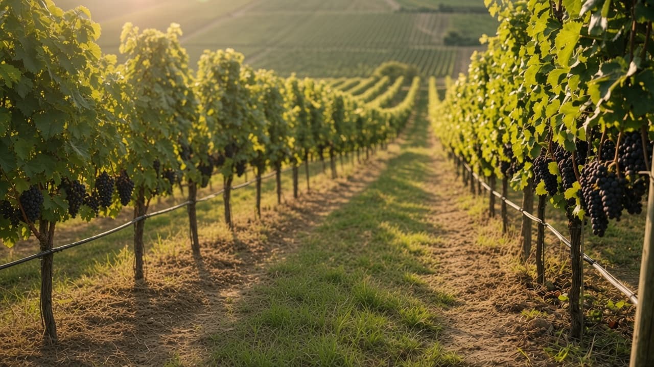 Un rang de vigne et le chemin d'herbe qui marque le bord d'une parcelle.