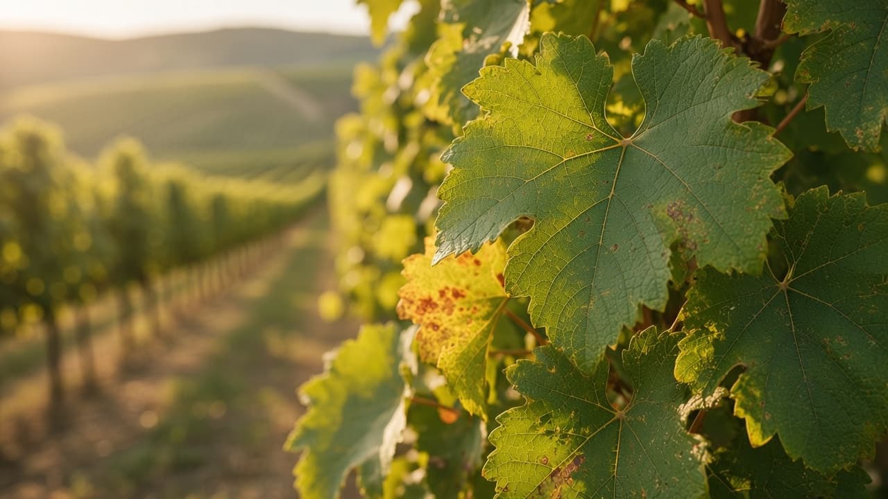 Des feuilles de vigne au soleil, dont quelques-unes jaunissent.