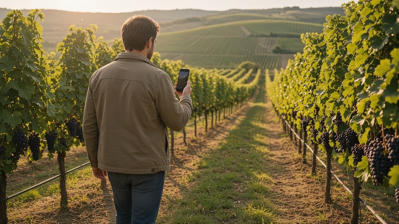 A person in a vine row, holding a phone up toward the plants.