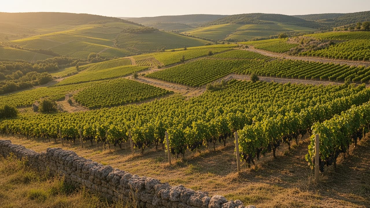 Several vineyard blocks separated by lanes and a stone wall.