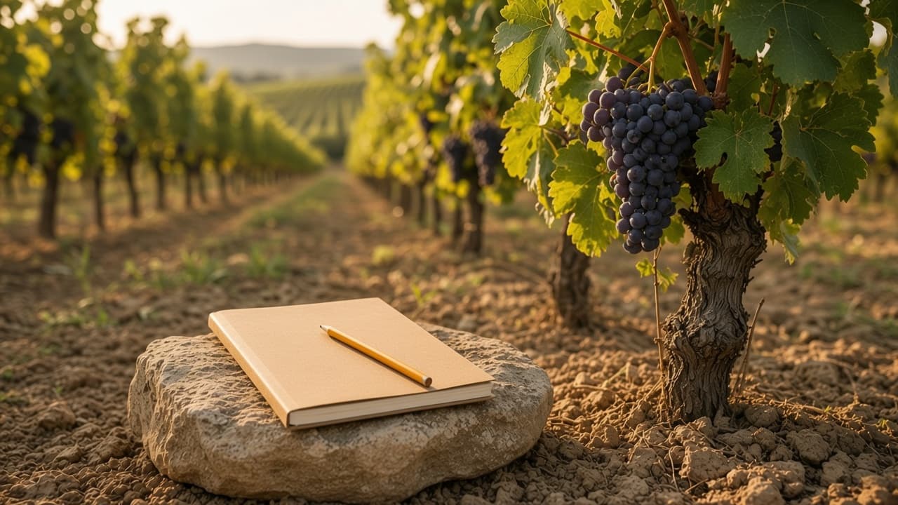 A closed notebook and a pencil on a stone beside a vine.