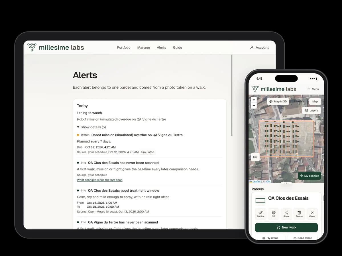 Millesime sur une tablette avec la liste des alertes, et sur un téléphone la carte d’une parcelle avec ses rangs
