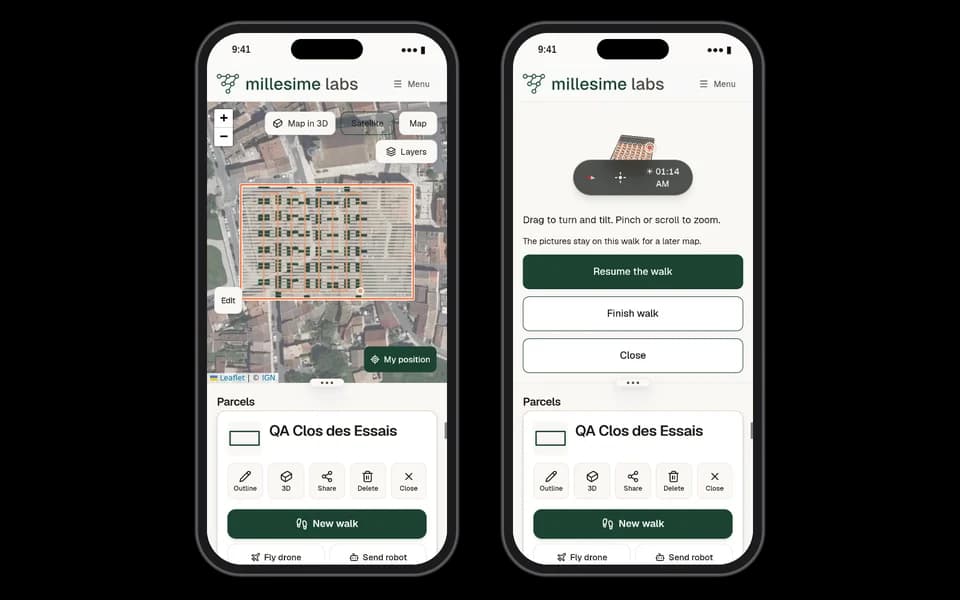 Deux téléphones : la carte de la parcelle avant une marche, et une marche en cours