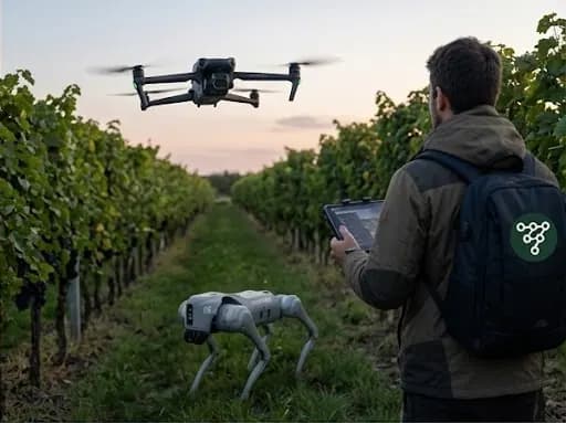 Illustration of a person with a laptop at the edge of the vines.