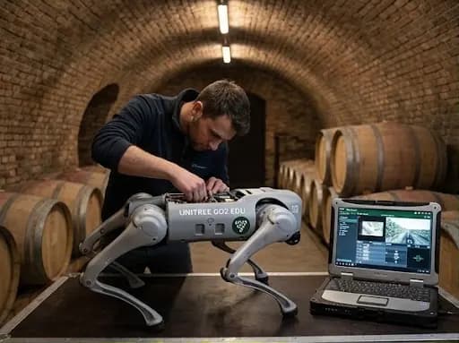 Illustration of vine rows, with a four-legged robot and a Mini 4 Pro.